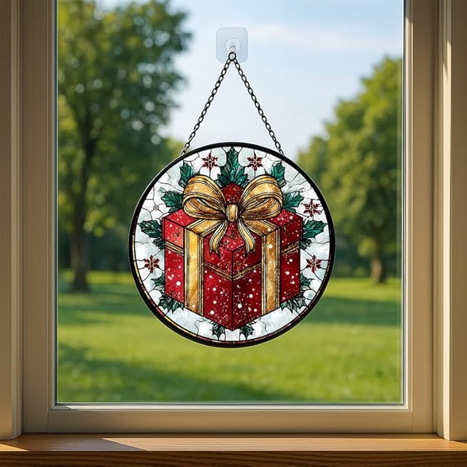 Stained Glass Window Hanging – 6.3 in Box Panel with Chain， Bathroom Front Door Living Room Garden Decor， Holiday Present Gift for Mom Wife Lovers