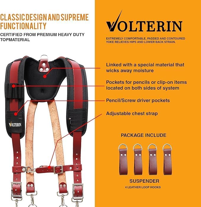 Falcon Gears Leather Tool Belt Suspenders Heavy-Duty Adjustable Harness with Padded Support, 4 Rig Loops, Front Hook for Work