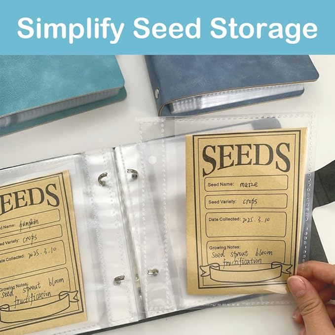 Seed Storage Organizer Binder, Leather Seed Packet Organizer with 50 Clear Pockets(25 Pack Sheet Sleeves) and 50 Pack Seed Envelopes, Garden Seed Holder Book, Plant Seed Saver, Flower Seed Keeper