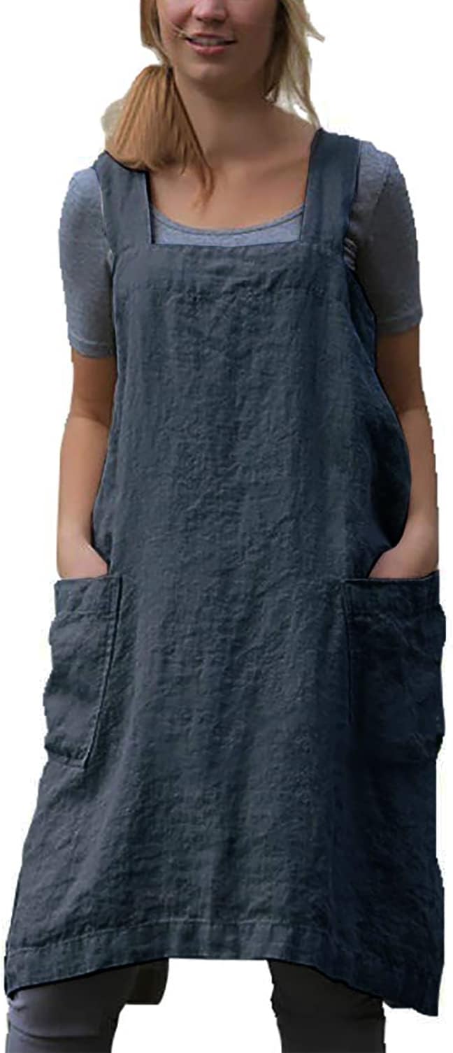 Cotton Linen Apron Cross Back Baking Cooking Gardening Apron for Women with Pockets Pinafore Dress