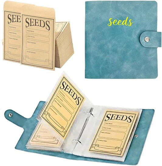 Seed Storage Organizer Binder, Leather Seed Packet Organizer with 50 Clear Pockets(25 Pack Sheet Sleeves) and 50 Pack Seed Envelopes, Garden Seed Holder Book, Plant Seed Saver, Flower Seed Keeper