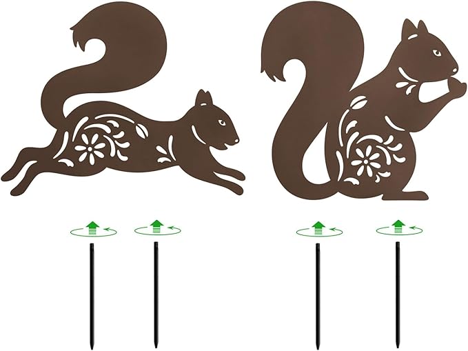 Metal Squirrel Garden Stake,Set of 2 Outdoor Thanksgiving Yard Decor,Fall Decorations Rusty Squirrel Statues for Outside,Lawn,Pathway
