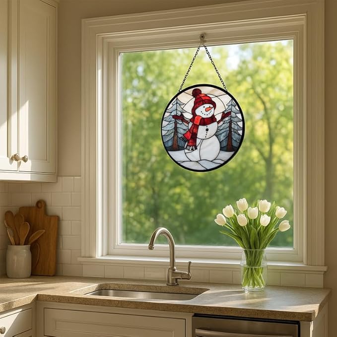 Stained Glass Window Hanging – 9.8 in Snowman Panel with Chain， Bathroom Front Door Living Room Garden Winter Christmas Decor， Gift for Mom Wife Lovers