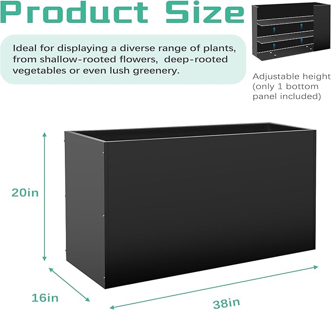 Metal Rectangular Planter Box, Planter Boxes Outdoor Heavy Duty, Rectangular 3 Tier Adjustable Height Outdoor Galvanized Steel Plant Box, Garden Planter for Plants and Flowers, 38''L x16''Wx20''H