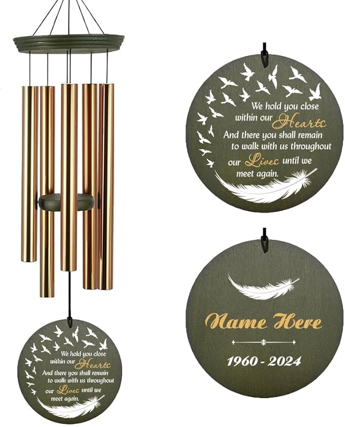 Personalized Sympathy Wind Chimes, 36" Deep Tone Wind Chimes for Loss of Loved Father/Mother/Lover, Angel's Feather Memorial Wind Chime, Bereavement Gifts for Funeral (Produced in USA)