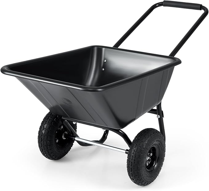 Goplus 2 Wheel Wheelbarrow, 330 LBS Utility Garden Cart with 10” Pneumatic Tires & Handle, 21 Gal Volume, Yard Dump Cart Wheel Barrow, Heavy Duty Wheel Barrow for Lawn (Black Handle+Black Cart)