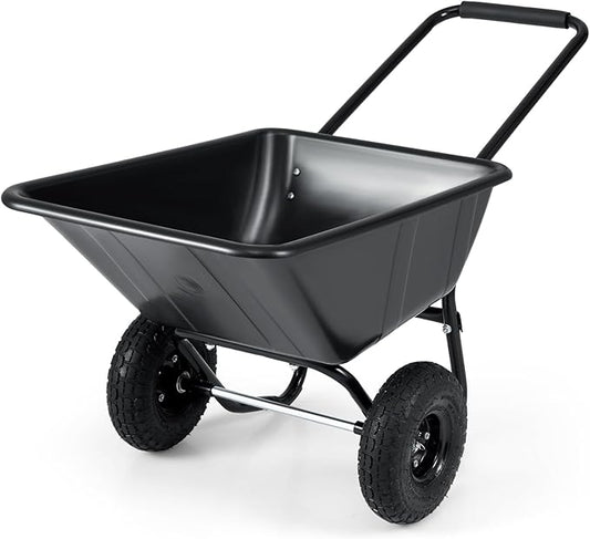Goplus 2 Wheel Wheelbarrow, 330 LBS Utility Garden Cart with 10” Pneumatic Tires & Handle, 21 Gal Volume, Yard Dump Cart Wheel Barrow, Heavy Duty Wheel Barrow for Lawn (Black Handle+Black Cart)