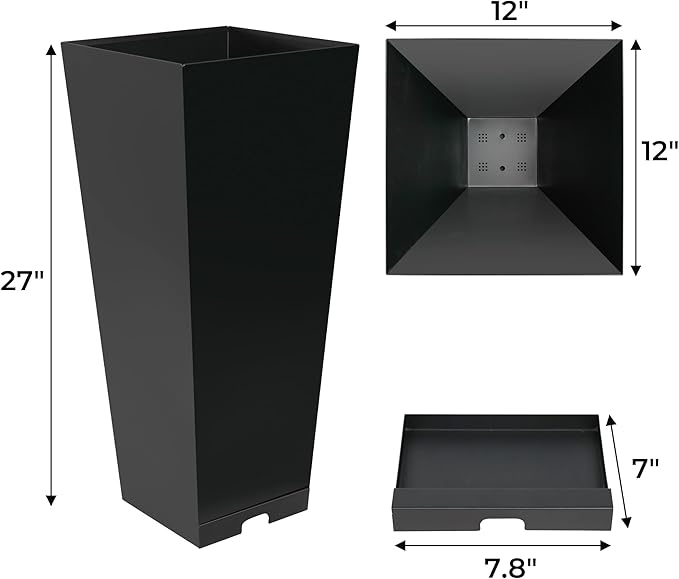 2-Pack Tall Galvanized Steel Planter Boxes with Quick-Clear Drains & Tray– Decorative 28" H Taper Planter for Indoors & Outdoors, Sturdy Metal Flower Pots for Birthday Festival & Decor