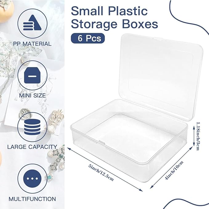 Goiio 6 Pcs Mini Plastic Storage Containers Box with Lid, 5x4x1.3 Inches Clear Rectangle Box for Collecting Small Items, Beads, Game Pieces, Business Cards, Crafts Accessories