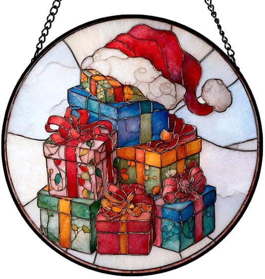 Stained Glass Window Hanging – 7.8 in Santa Hat Panel with Chain， Bathroom Front Door Living Room Garden Decor， Gift for Mom Wife Lovers