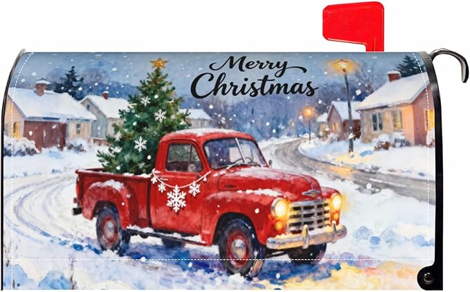 Merry Christmas Red Truck Large Mailbox Covers Magnetic Oversized Xmas Tree Snowflake Snow Scene Holiday Outdoor Decorative Farmhouse Letter Box Cases for Home Garden Outside Decor, 25.5x21 Inch