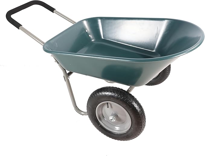 Red Metal Wheelbarrow, Easy Loading and Dumping Garden Cart with Steel Tray, Durable Heavy Duty Utility Trolley for Transporting, Soil, Sand (Green, 15 inch Inflation 2 Wheels)