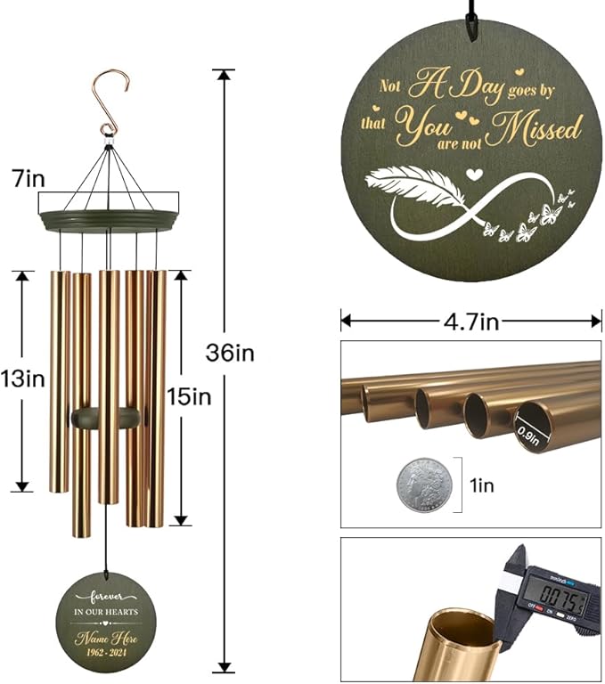 Personalized Memorial Wind Chimes 36inch, Sympathy Gifts, Feather Butterfly Mourn Wind Chimes, Custom Name Wind Chime for Loss of Loved Dad/Mom for Funeral (Produced in USA)