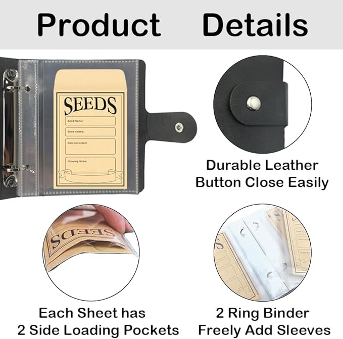 Seed Storage Organizer Binder, Leather Seed Packet Organizer with 50 Clear Pockets(25 Pack Sheet Sleeves) and 50 Pack Seed Envelopes, Garden Seed Holder Book, Plant Seed Saver, Flower Seed Keeper