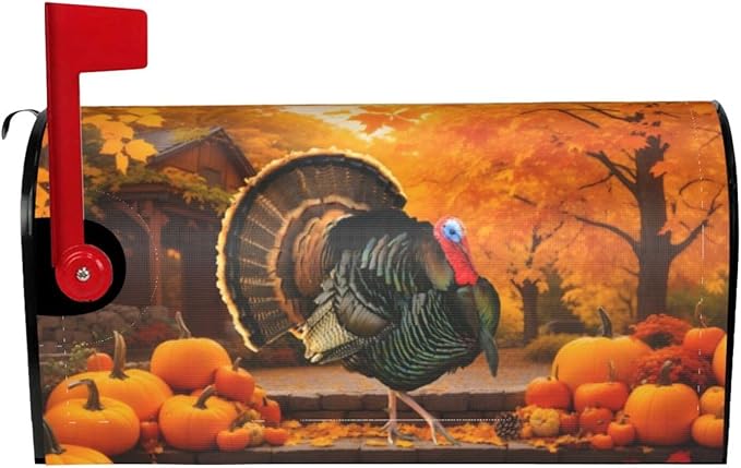 Thanksgiving Autumn Turkey Pumpkins Mailbox Cover, Fall Theme 21x18 Inch Magnetic Mailbox Cover, Standard Size Mailbox Post Cover Mailbox Wrap Post Letter Box Cover for Garden Yard Decor