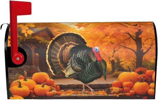 Thanksgiving Autumn Turkey Pumpkins Mailbox Cover, Fall Theme 21x18 Inch Magnetic Mailbox Cover, Standard Size Mailbox Post Cover Mailbox Wrap Post Letter Box Cover for Garden Yard Decor