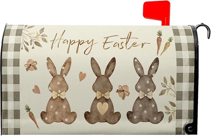 Happy Easter Mailbox Cover, Magnetic Large Size 25.5x21 Inches, Spring Bunny Rabbits Egg Carrot Mailbox Wrap Post Cover with Buffalo Plaids for Garden Yard Outdoor Home Decor