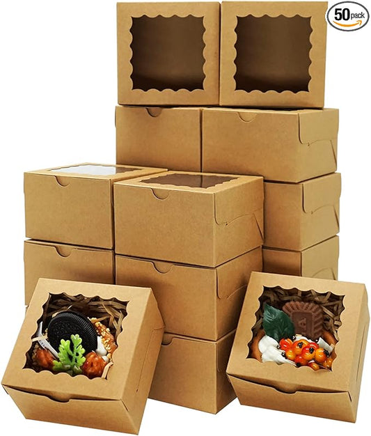 50pcs Cookie Boxes 4x4x2.5 Inch Bakery Boxes with Window Treat Box Dessert Box for Wedding Favors Party - Brown