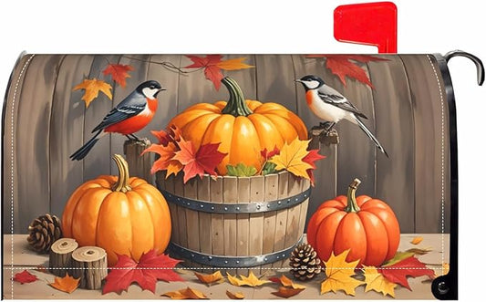Fall Thanksgiving Day Large Mailbox Covers Magnetic Oversized Autumn Pumpkin Birds Maple Leaf Harvest Themed Seasonal Outdoor Decorative Letter Box Cases for Home Garden Outside Decor, 25.5 x 21 Inch