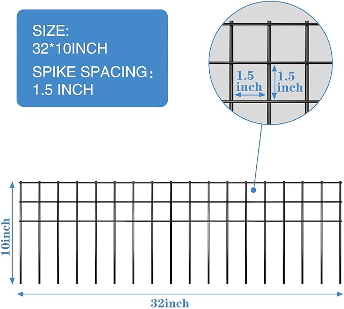 32x10-inch No Dig Animal Barrier Fence, 10 Pack Black Dig Protective Fence with 1.5 inch Spike spacing, Dog/Rabbit/Groundhog Underground Defence, for Outdoor Garden Patio