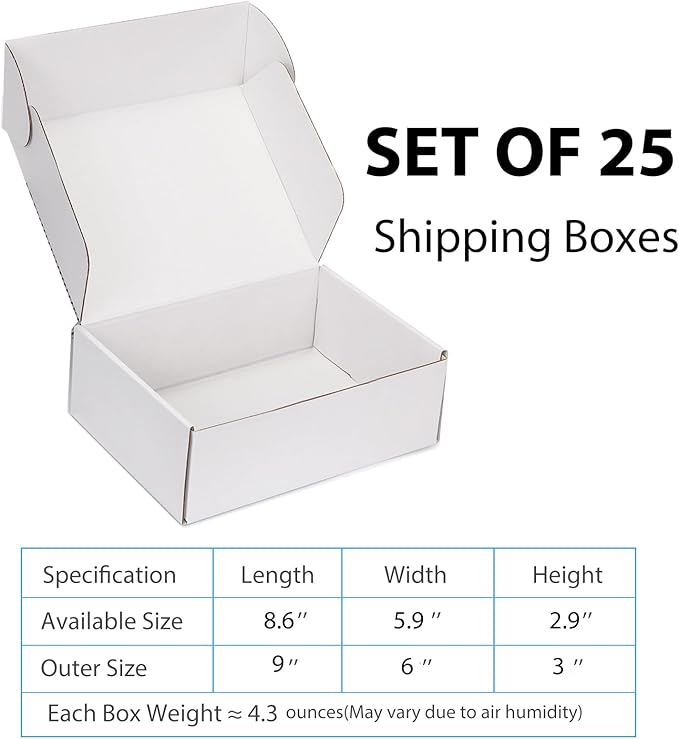 Small Shipping Boxes 9x6x3 Inch (25 Pack) - Sturdy White Corrugated Cardboard Boxes for Small Business, Ecommerce, Mailing & Packaging | Recyclable Gift & Storage Boxes