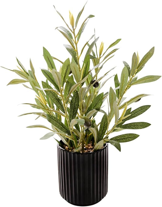14 inch Artificial Olive Plant Indoor Fake Plants with Ceramic Black Pot Faux Silk Plant with Realistic Trunk Perfect for Home Office Table Decoration