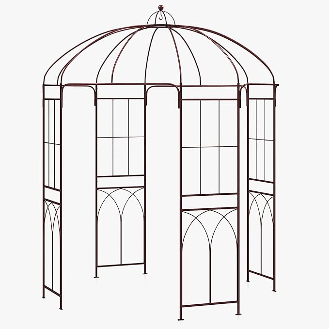 Giantex Birdcage Shape Garden Arbor, 8.4ft High x 7ft Wide, Metal Gazebo Arch Pergola Pavilion for Climbing Plants Party Wedding Ceremony Decor Outdoor, 16 Ground Stakes, Easy Assembly (Bronze)