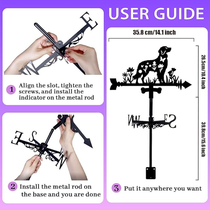 Dog Weathervane Metal Wind Vane Animal Flowers Garden Art Decoration Direction Sign Indicator Stake Mount Ornament for Patio Lawn Farmhouse Yard Roof Outdoor