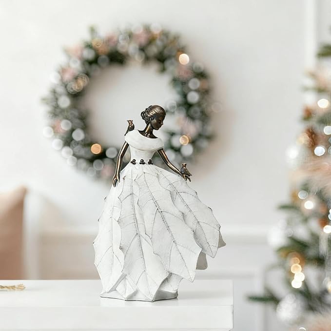 DiliComing Fairy Garden Accessories Outdoor Statue - 14.5 Inch Table Decor for Living Room Garden Maiden Bookshelf Decor Xmas Resin Holly Leaves Maiden White Statue