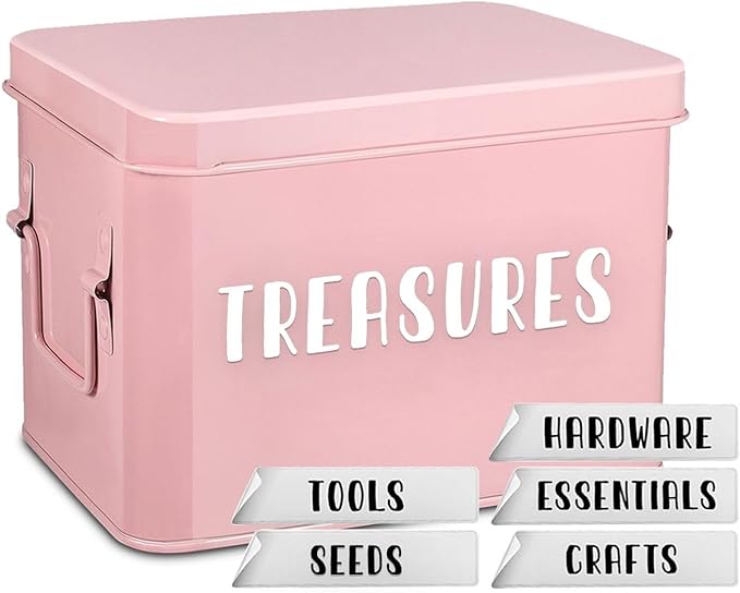 Flexzion Tin Storage Box with Removable Tray, 8 Inch Seed Organizer Box and Metal Seed Holder Organizer with Hinged Lid, Toolbox Container for Crafts, Hardware, Tools, Essentials, Pink