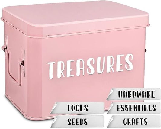 Flexzion Tin Storage Box with Removable Tray, 8 Inch Seed Organizer Box and Metal Seed Holder Organizer with Hinged Lid, Toolbox Container for Crafts, Hardware, Tools, Essentials, Pink