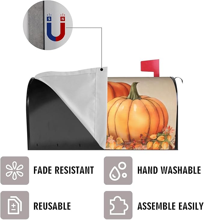 Autumn Fall Pumpkin Mailbox Cover, Thanksgiving Waterproof 25.1" Lx 21" W Magnet Mailboxes Cover, Large Size Mailbox Wraps Post Letter Box Case Garden Yard Outdoor Decorations