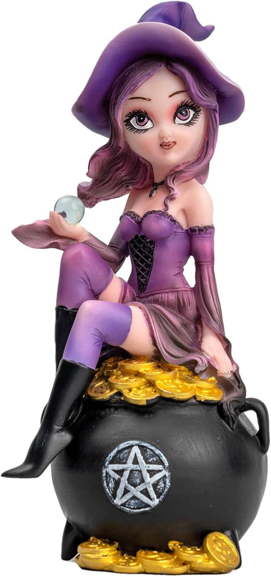 Fairy Figurine Purple Witch Sitting in a Money Can - Holding a Magic Crystal Ball Home Decor Halloween/Christmas Decoration Magician Themed Collectibles Mysterious Divination Gifts
