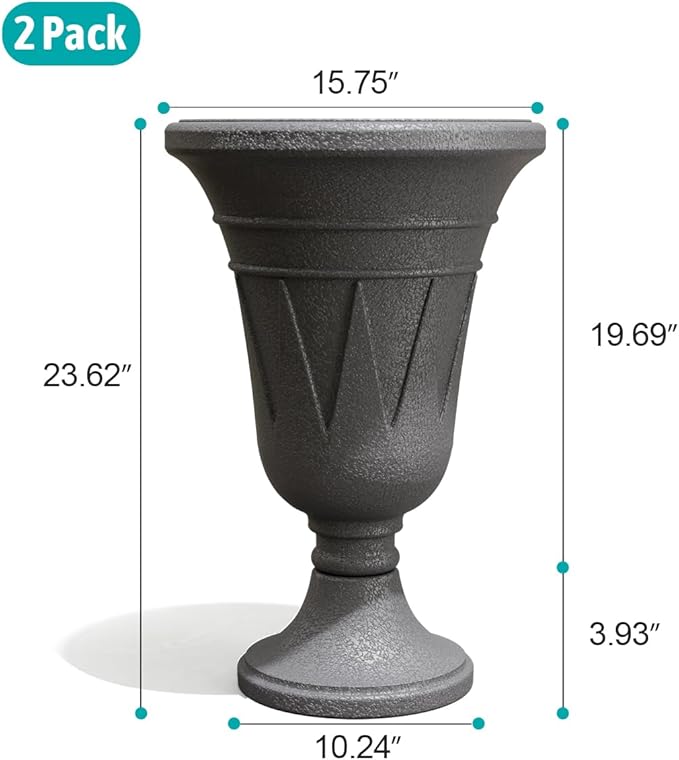 Tall Plastic Urn Planters for Outdoor Plants Set of 2-23.6" H Classic Trophy Design Indoor Large Flower Pots with Drainage Holes, Outdoor Planters for Porch Decor/Garden Vase, Grey