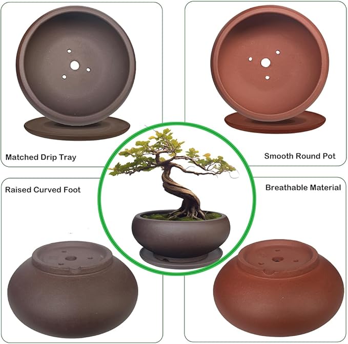 MUZHI 5.3” Round Ceramic Bonsai Starter Pots with Trays Set of 2 Brown and Red, Small Vintage Unglazed Succulent Pots with Saucers Minimalist Classic Mame Bonsai Planter with Drainage