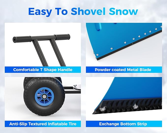Garvee 29" Snow Pusher Shovel with Wheels,Heavy Duty Steel Snow Shovel with Wheels,Angled Blade Efficient Snow Removal With5-Position Angled Blade & Adjustable Handle for Doorway, Sidewalk, Blue