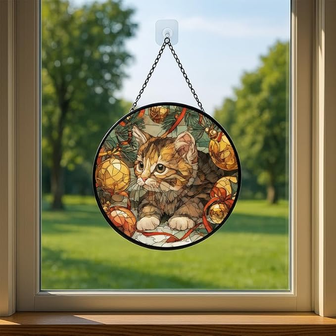 Stained Glass Window Hanging – 11.8 in Cute Kitten with Christmas Ornaments Panel with Chain， Bathroom Front Door Living Room Garden Decor， Gift for Mom Wife Lovers