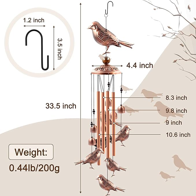 Bird Wind Chimes for Outside,33 inch Length Memorial Sparrow Wind Chime with 4 Large Aluminum Tubes & S Hook,Indoor Outdoor Decor Hanging Wind Catcher Bell for Home,Garden,Patio,Backyard,Porch