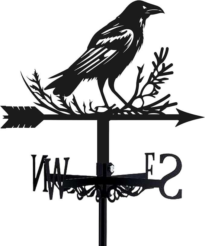 Crow Weathervane Metal Wind Vane Weathercock Garden Decoration Wind Direction Indicator Stake Roof Mount Ornament for Farmhouse Yard Outdoor