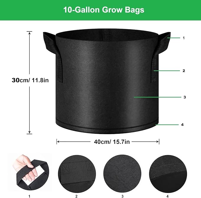 10-Gallon Grow Bags, (10 Pack) Thickened Aeration Fabric Growing Pots Planters with Handles for Planting Vegetables Plants, Black