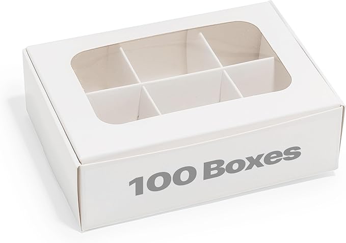100 pcs White Mini Truffle Box for 6 treats with Window and Dividers, Bakery Boxes, 5 x 3.5 x 1.57 Inches VERY SMALL Baking Boxes, Square Truffles Decorating Supplies for Gift Giving