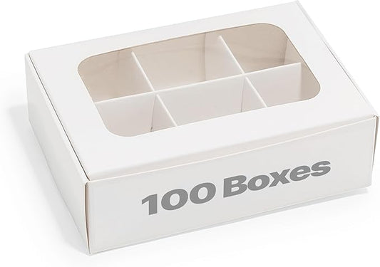 100 pcs White Mini Truffle Box for 6 treats with Window and Dividers, Bakery Boxes, 5 x 3.5 x 1.57 Inches VERY SMALL Baking Boxes, Square Truffles Decorating Supplies for Gift Giving