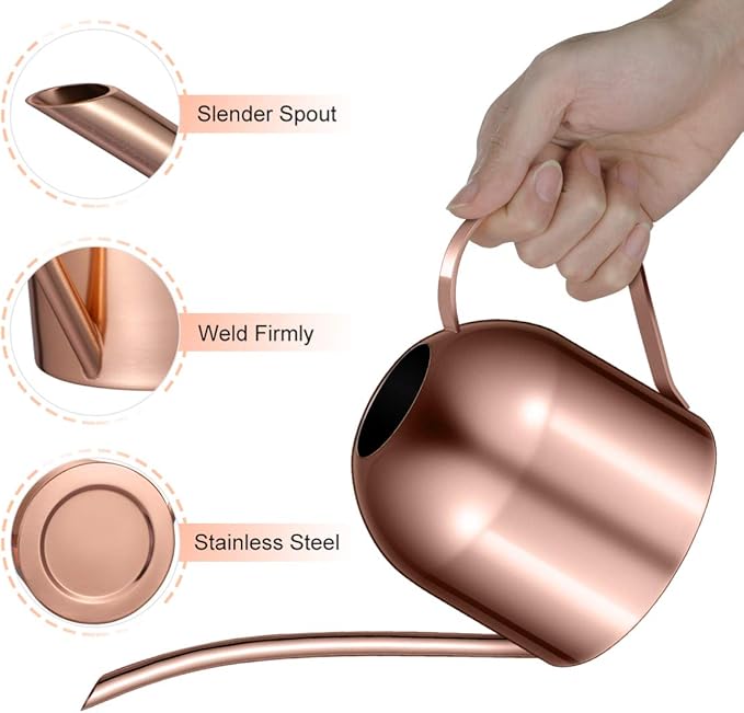 Yardwe 1000ml Stainless Steel Watering can for Indoor Plants, Long Spout Watering Pot for Garden Home Office, Rose Gold