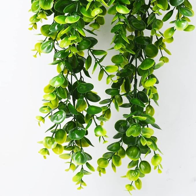 6pcs Artificial Hanging Plants Fake Hanging Plant Faux Eucalyptus Leaf Greenery Vine Outdoor UV Resistant Plastic Plants (6, Green)