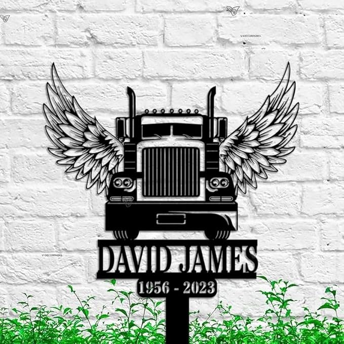 Custom Semi Truck Driver Memorial Stake – Personalized Trucker Angel Wings Grave Marker, Sympathy Sign, Remembrance Stake (Truck Driver Memorial)