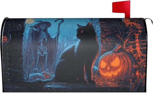 Halloween Skull Cat Mailbox Covers Magnetic Letterbox Covers 21x18 Inch for Garden Outdoor Decoration