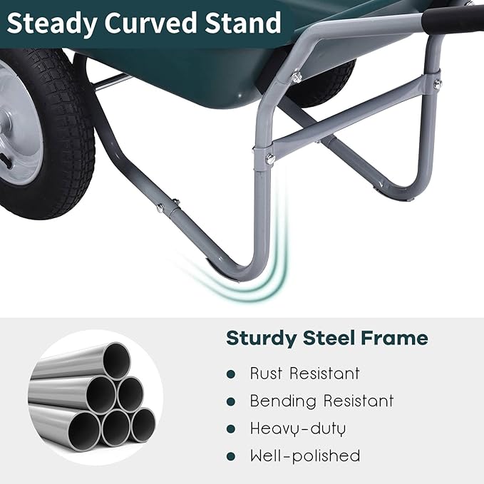 IRONMAX Garden Dual-Wheel Wheelbarrow, Heavy Duty Utility Yard Cart w/ 2x14’’ All-Terrain Wheels & Built-in Stand, Wheel Barrow for Lawn, Yard, Farm, Gardening & Planting (Green)
