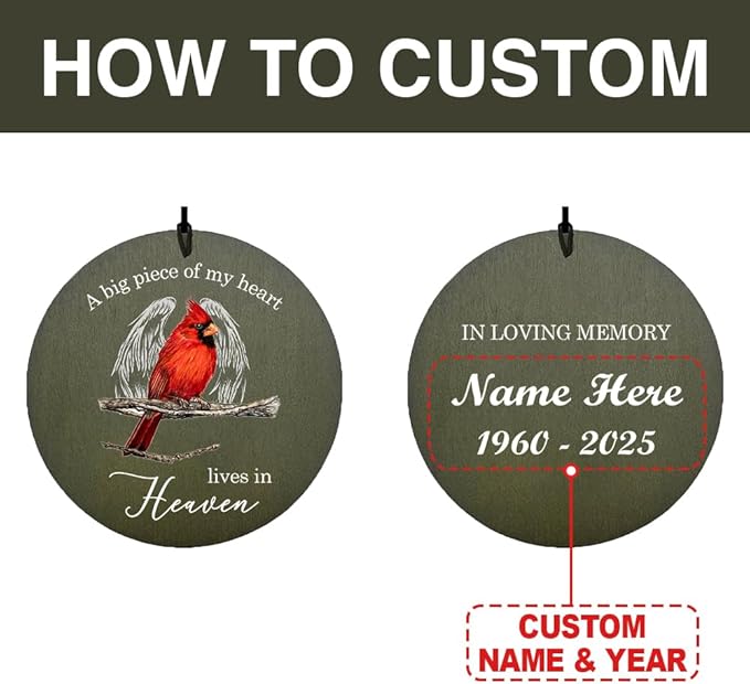 Personalized Cardinal Wind Chimes, 36inch Memorial Wind Chimes, Heaven Wings Custom Sympathy Gifts, in Loving Memory of Dad/Mom, Wind Chime for Loss of Loved Ones (Produced in USA)