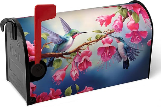 Summer Mailbox Covers Magnetic Oversized Hummingbird Flower Mailbox Post Cover Fuchsia Hybrida Floral Mailbox Wraps Bird Pink Flowers Mailbox Decor Waterproof Garden Large Size 25.5 X 21 Inch