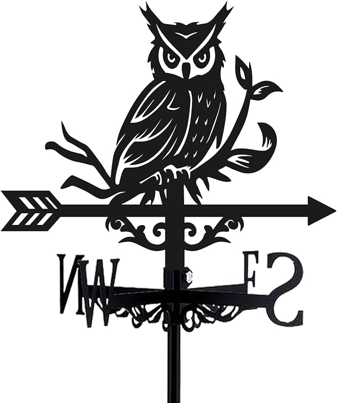 Owl Weathervane Metal Wind Vane Weathercock Garden Decoration Wind Direction Indicator Stake Roof Mount Ornament for Farmhouse Yard Outdoor